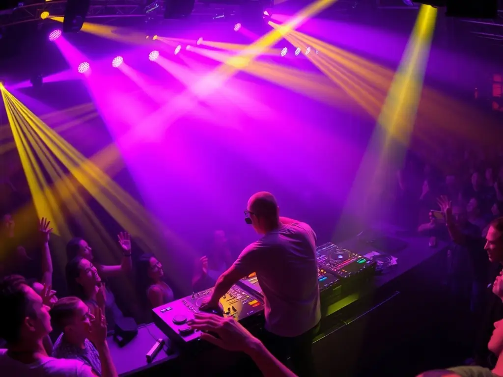 A vibrant concert scene with a DJ performing on stage and an engaged crowd, representing HAUS GANG's event organization services.