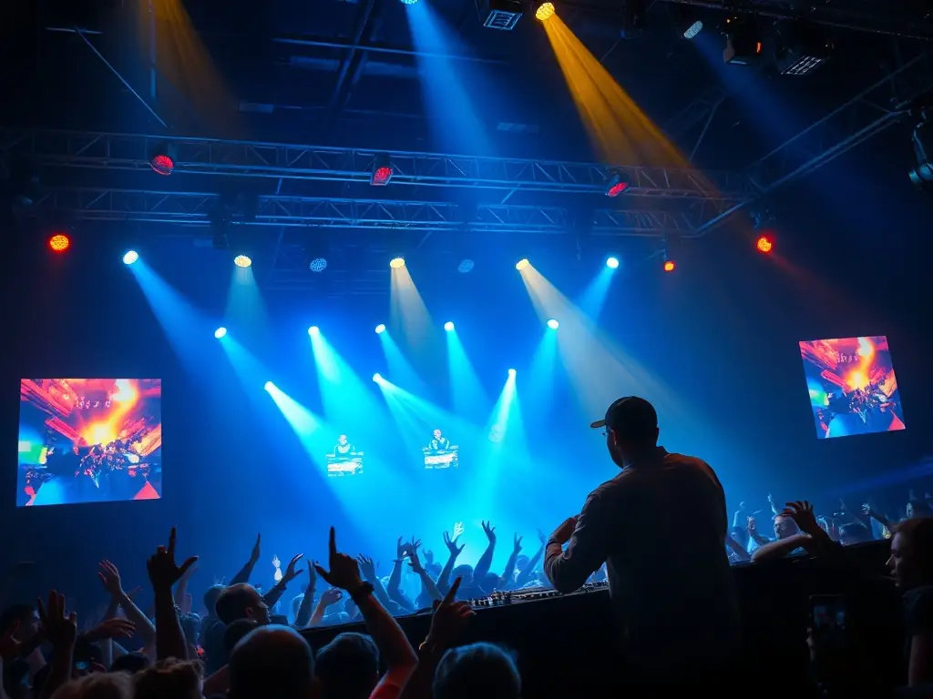 A dynamic image of a HAUS GANG event, featuring a DJ performing on stage with an enthusiastic crowd, highlighting the energy and excitement of the label's events.