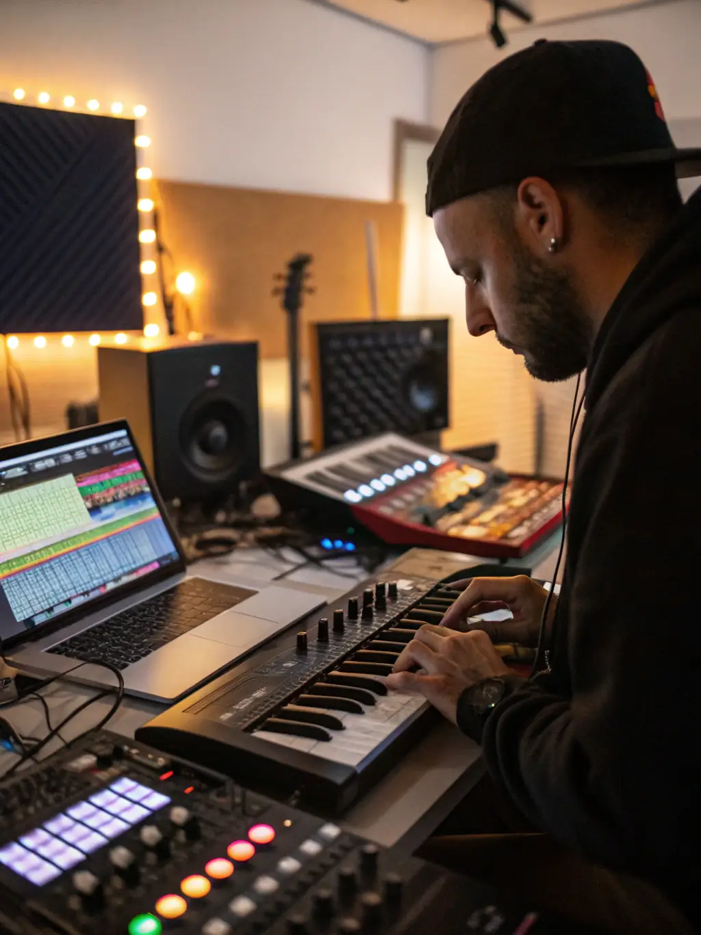 A close-up shot of a HAUS GANG artist working in their studio, surrounded by synthesizers and music equipment, conveying the creative process behind their electronic music. The image is used to promote an upcoming live stream.