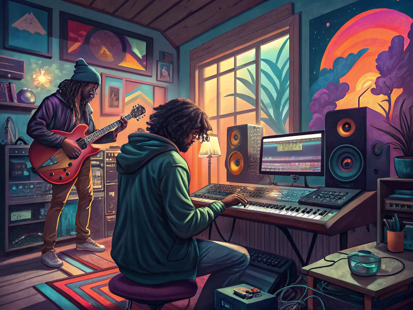 A vibrant image showcasing a HAUS GANG artist in a recording studio, surrounded by equipment, capturing the essence of creativity and music production.